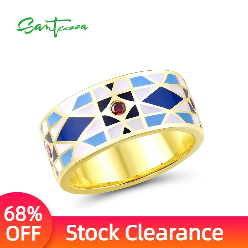 

SANTUZZA Authentic 925 Sterling Silver Rings For Women Garnet Cubic Zirconia Blue Rhombus Enamel Fashion Fine Jewelry Handmade