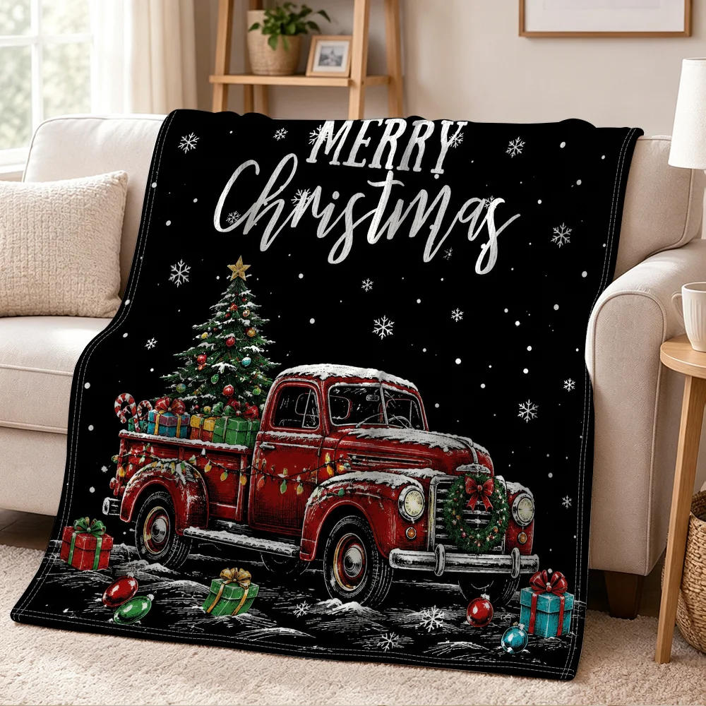 1pc Fluffy Throw Blanket, 2D Flat Black Background Red Christmas Truck Gift Tree Print, Warm Blanket for Sofa Bedroom