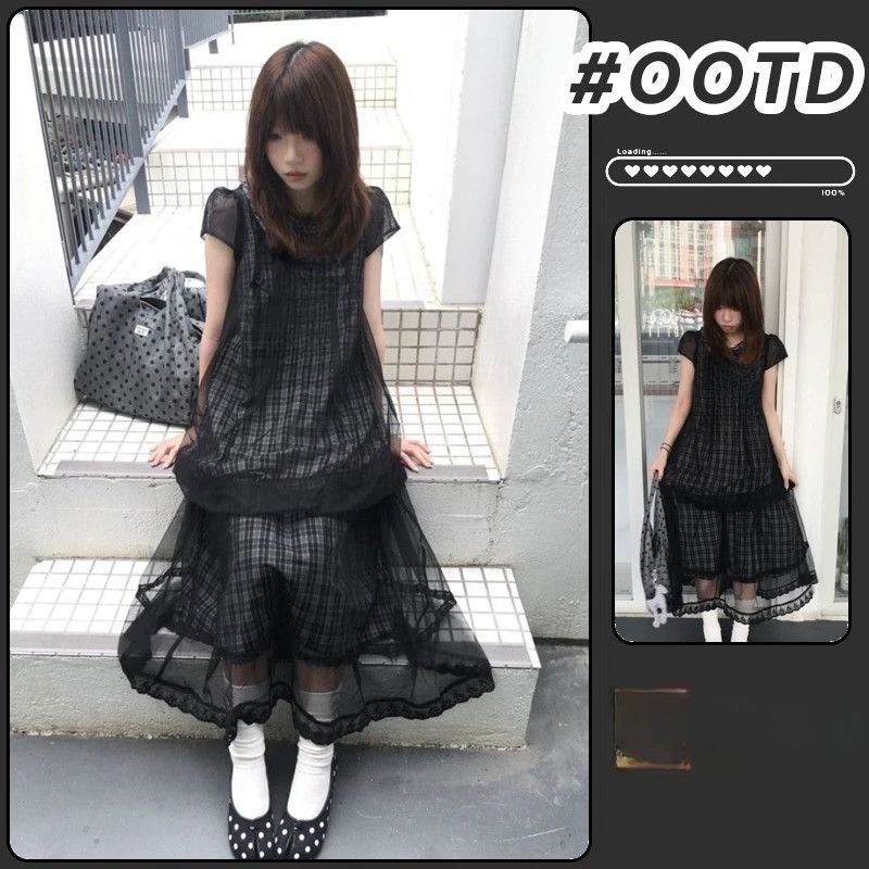 

Japanese Vintage Black Plaid 2 Piece Set Women Petite Short Sleeve High Waist Lace Mesh Skirt Top Cute Dailywear Harajuku Outfit