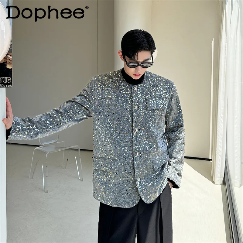 

2025 Autumn Winter New Shoulder Pad Jacket Coats Men High-end Trendy Blazers Male Handsome Long Sleeve Sequin Suit Jackets Tops