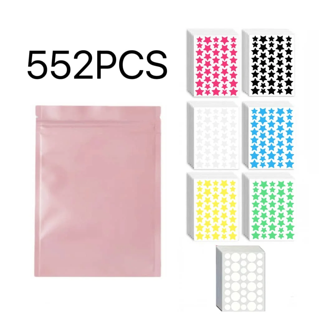 كيس وردي، 552 قطعة، رقعة حب الشباب على شكل نجمة، أحجام مختلفة لسيناريوهات مختلفة. لطيفة وعصرية، أساسية جميلة