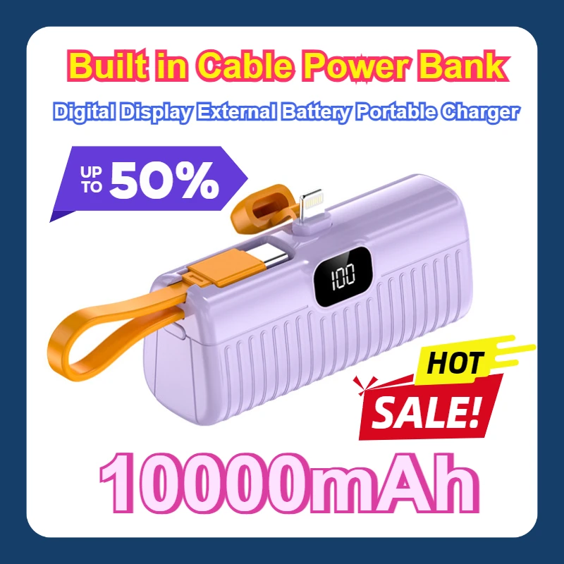 

For Samsung IPhone Xiaomi Mini Power Bank 10000mAh Built in Cable Power Bank Digital Display External Battery Portable Charger