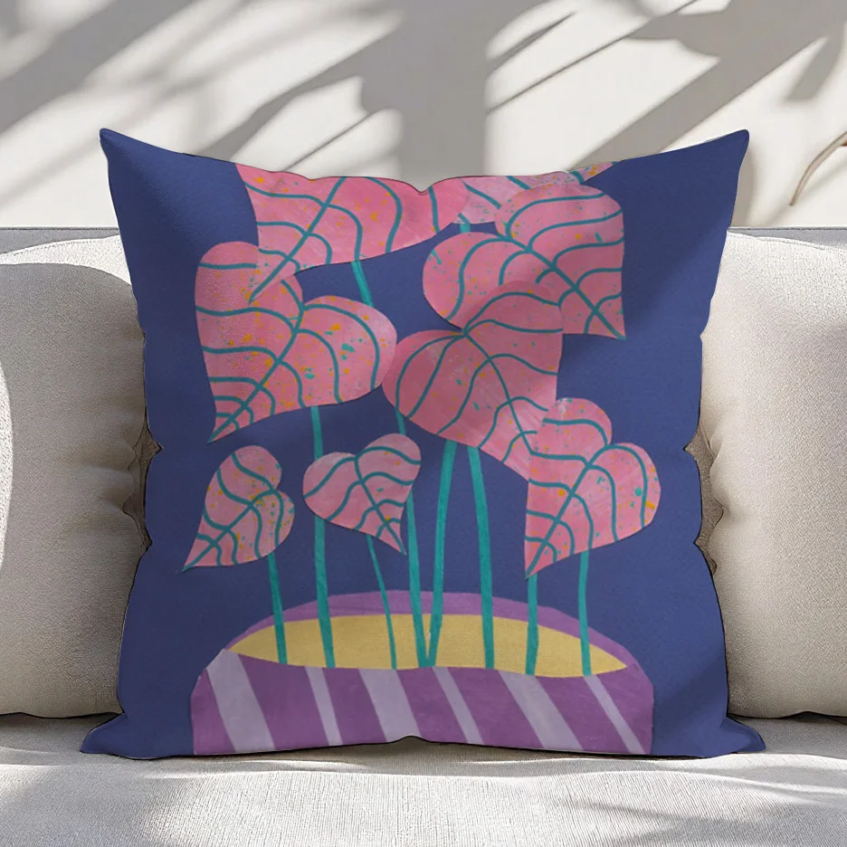 1pc Pink Plant Leaf Print Throw Pillow Cover Double Sided Polyester Cushion Case 16x16 18x18 20x20 Inch Sofa Bed Decor