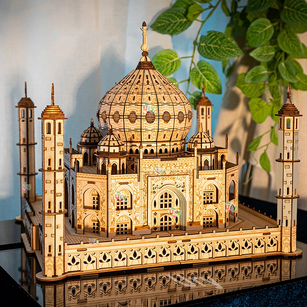 3D Puzzle De Madeira Casa Castelo Real Taj Mahal Com Montagem de Luz Brinquedo Para Crianças Adulto Modelo DIY Kits Mesa Decoração para Presentes