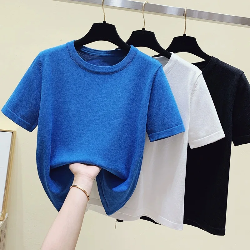 

Summer Thin Ice Silk Knit Tshirt Sweater Women Pullover Short Sleeve O-neck Tops Stylish Fashion Ladies Elegant Knitwear Tee