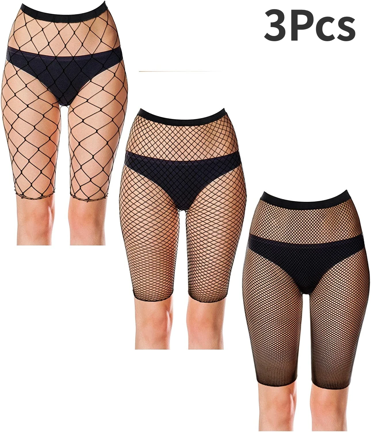 3Pcs Women Fishnet Shorts Pantyhose Fishnet Biker Short High Waisted Tights See Through Elastic Breathable Mesh Shorts for Lady