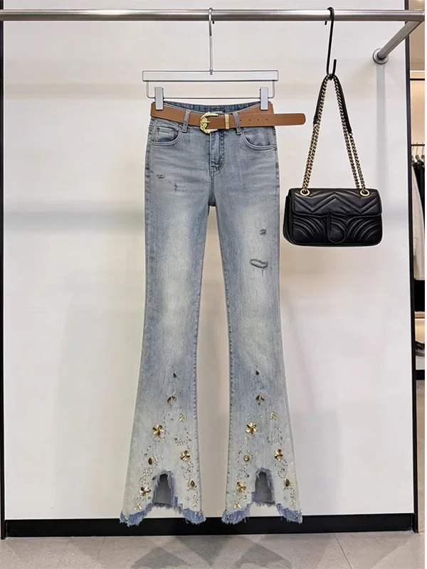 

Женские джинсы-клеш с высокой талией, вышивкой и стразами, расклешенные брюки, новинка весны, утягивающие джинсы с бахромой