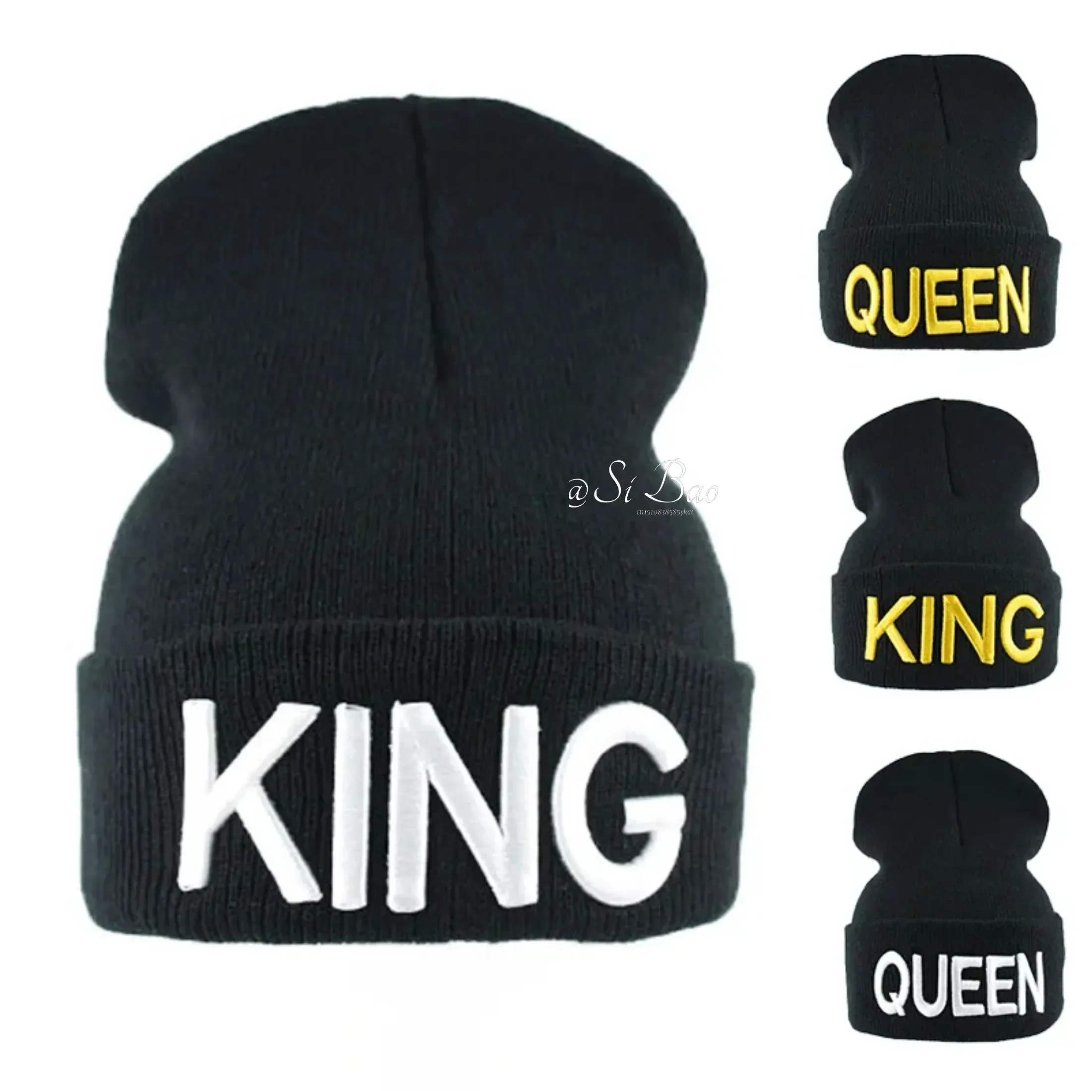 Hot KING QUEEN Letter Embroidery Knitted Cap Hip Hop Men Women Lovers Street Dance Bonnet Warm Hat Skullies Black White