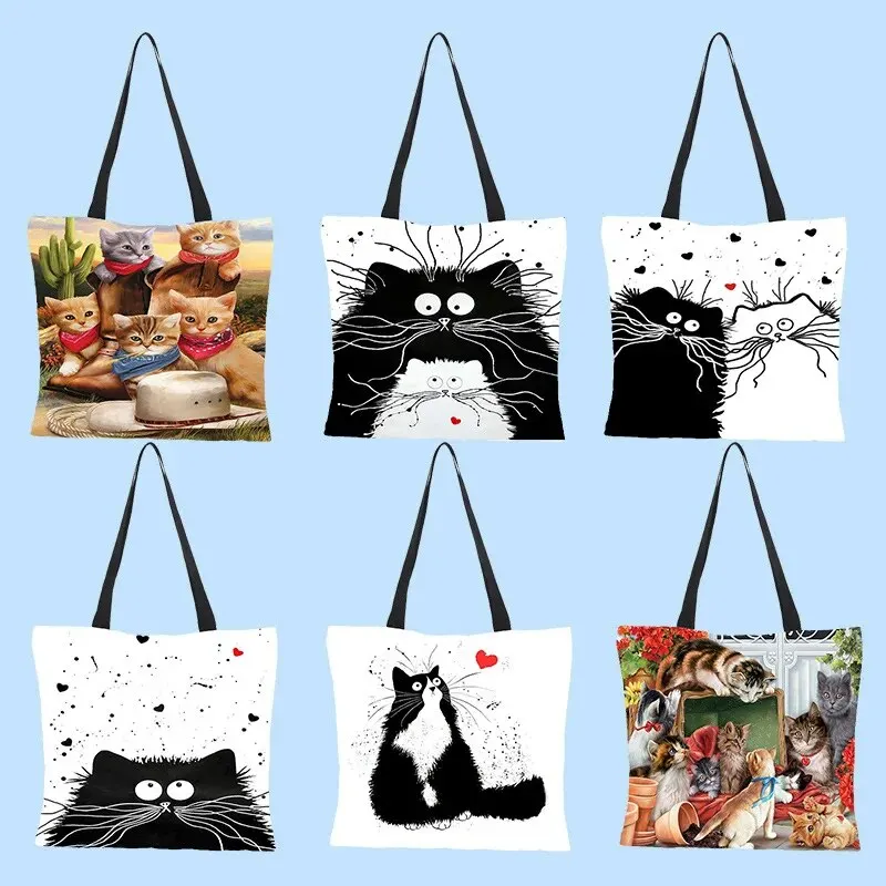 Bookshelf Black Cat Canvas Tote Bag, Large Capacity Shoulder Bag For Travel & Work, Multi-Purpose Reusable Grocery Shopping Bag