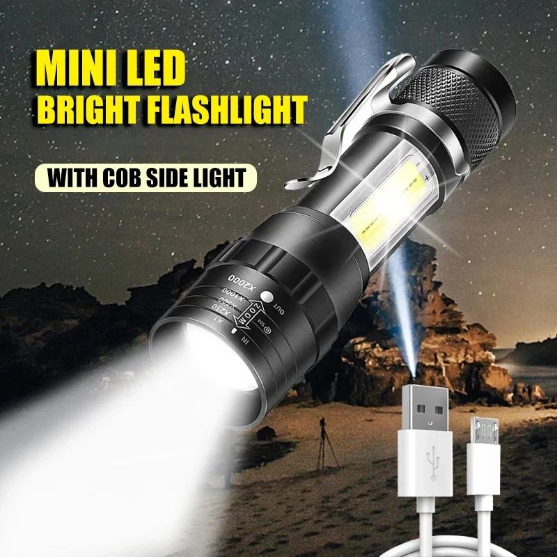 Powerful Mini LED Flashlight COB+XPE Zoom Torch Built In Battery USB Rechargeable With Pen Clip Outdoor Camping Emergency Lamp