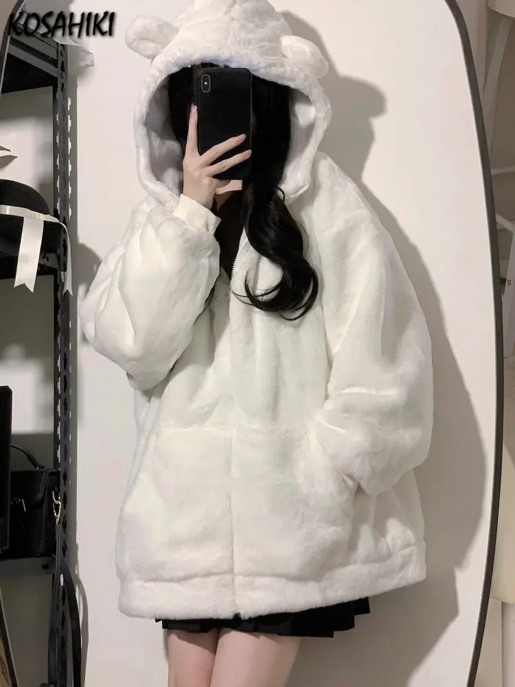 KOSAHIKI Japanese Kawaii Fluffy Coat Y2k Women Aesthetic Fairy Grunge Jacket Warm Outwear Ber Ear Hooded White Jackets Cute Top