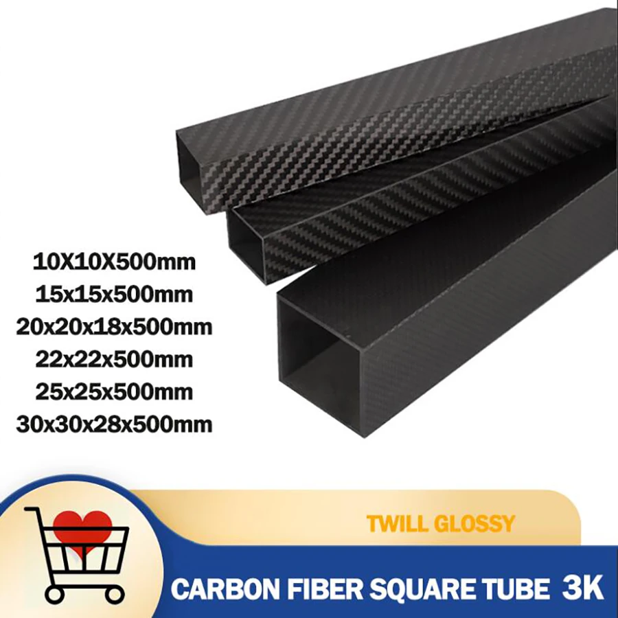 1Pcs Rectangle 3K Full Carbon Fiber Square Tube Glossy Surface High Strength Pipe Length 500mm OD 10mm 15mm 20mm 22mm 25mm 30mm