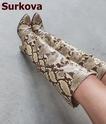 Surkova Sexy Beige Snakeskin Chunky Heel Knee Boots Lady Python Printed Elastic Band Tall Boots Fall Winter Folded Dress Shoes