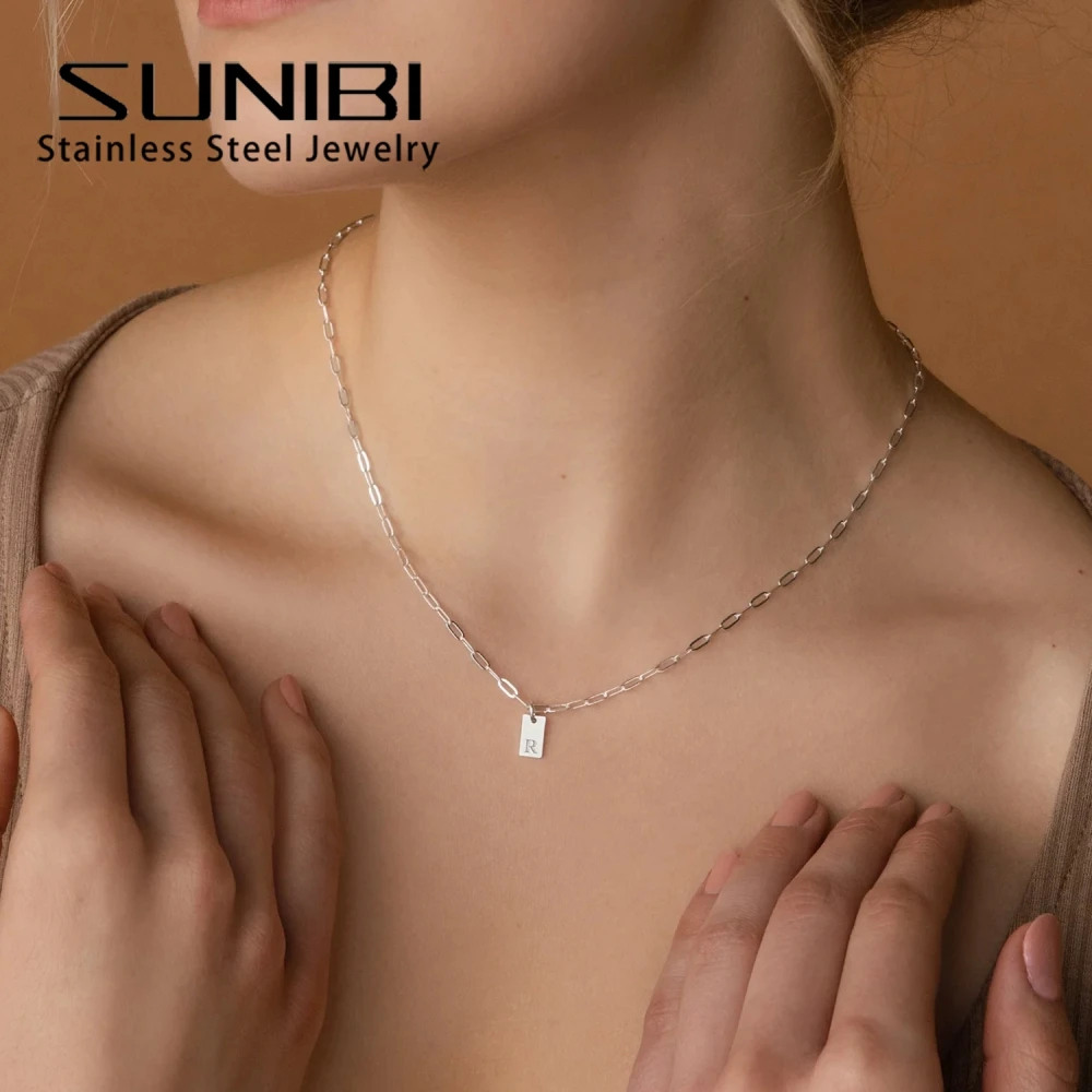 SUNIBI Fashion Unisex Women\'s Necklace Stainless Steel Gold Color 26 Initial Square Pendant Necklace for Women Jewelry Wholesale