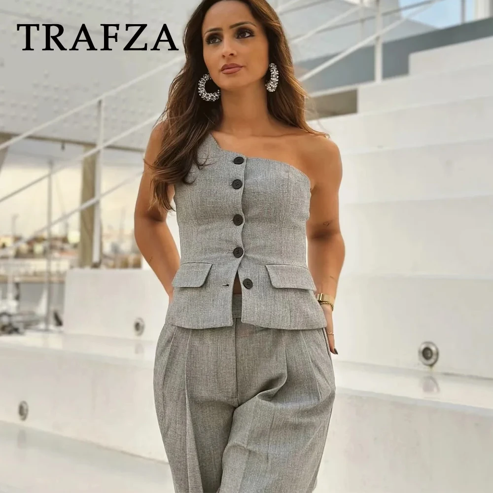 TRAFZA 2024 Autumn Winter Women Vintage Solid Suits Fashion Casual Skew Collar Sleeveless Button Vests+Straight Pencil Pants