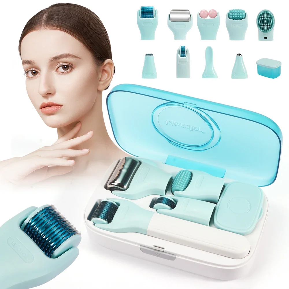 

10In1 Dermaroller Kit Face Massager Jade Ice Roller Beard Hair Growth Derma Rolling System Facial Cleaning Brush Bio Roller G10