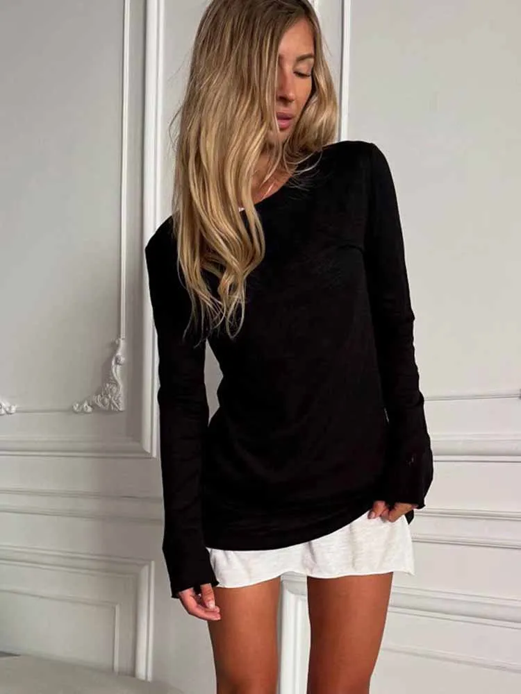 MCDV Casual Basic Mini-jurk met lange mouwen Dames Herfst Effen Gebreid O-hals Slim Fit Nachtkleding T-shirt Jurken Luie dagelijkse kleding