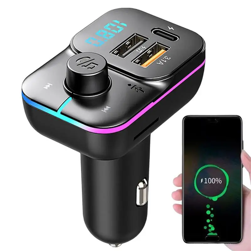 FM Transmitter With RGB Lights Blue Tooth 5.0 Handsfree Car Kit Audio MP3 Modulator Audio Receiver 2 USB Fast Charger