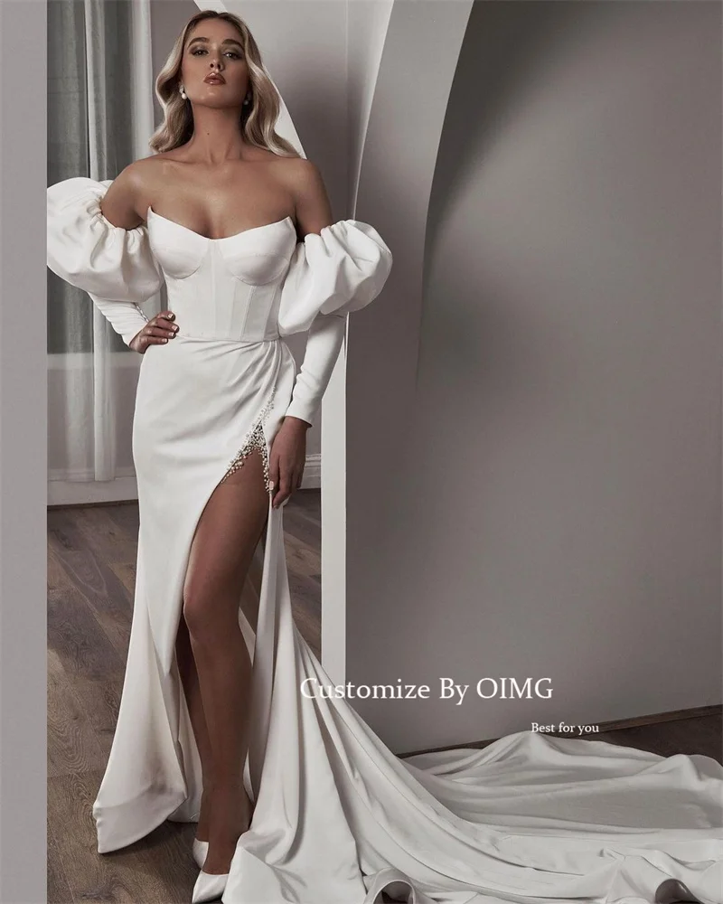 

OIMG Sexy Sweetheart Mermaid Wedding Dresses Puff Long Sleeves Beads Split Bridal Gowns Modern Beach Vestido de noiva 2023