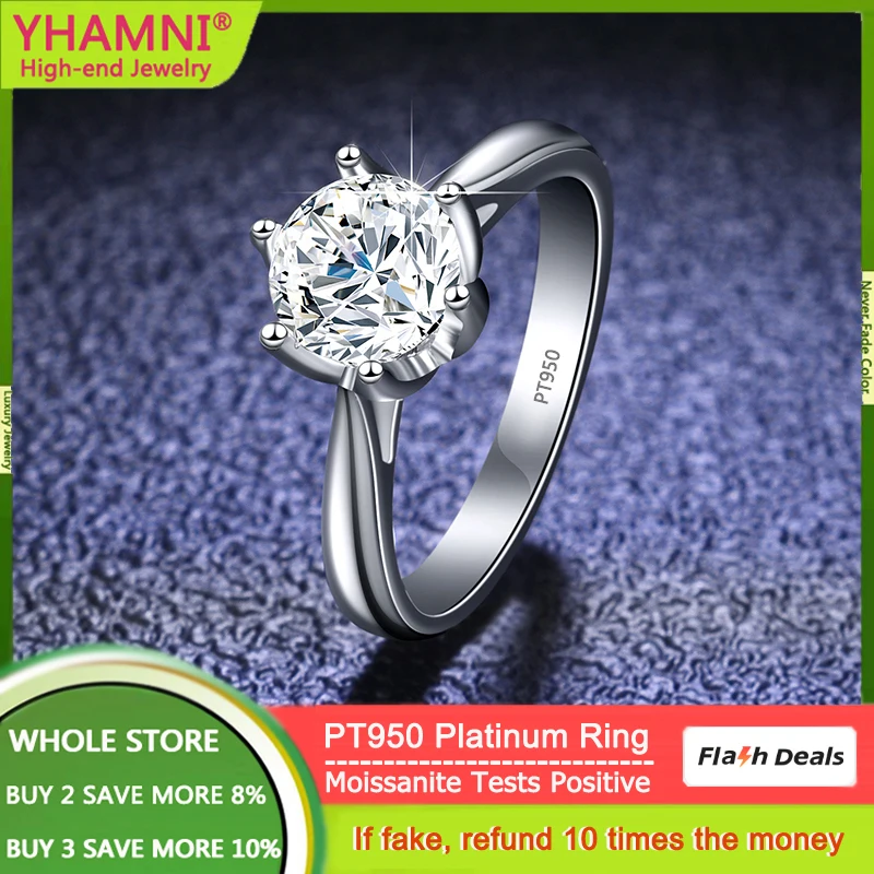 

YHAMNI PT950 Platinum Luxury Natural Moissanite Rings for Women Bridal 1 Carat Wedding Engagement Band Jewelry Gift