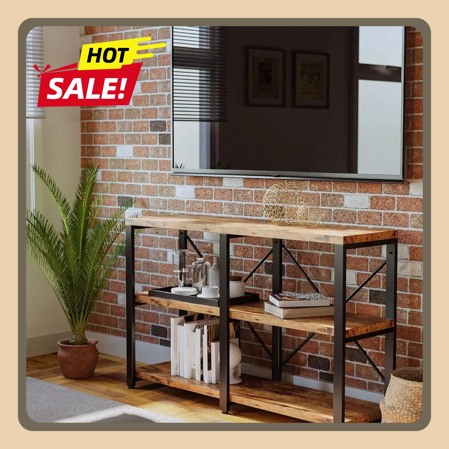 

47in 3-Tier Rustic Entryway Console Table for Living Room, TV Stand Entertainment Center, Long Hallway Table Media Stand