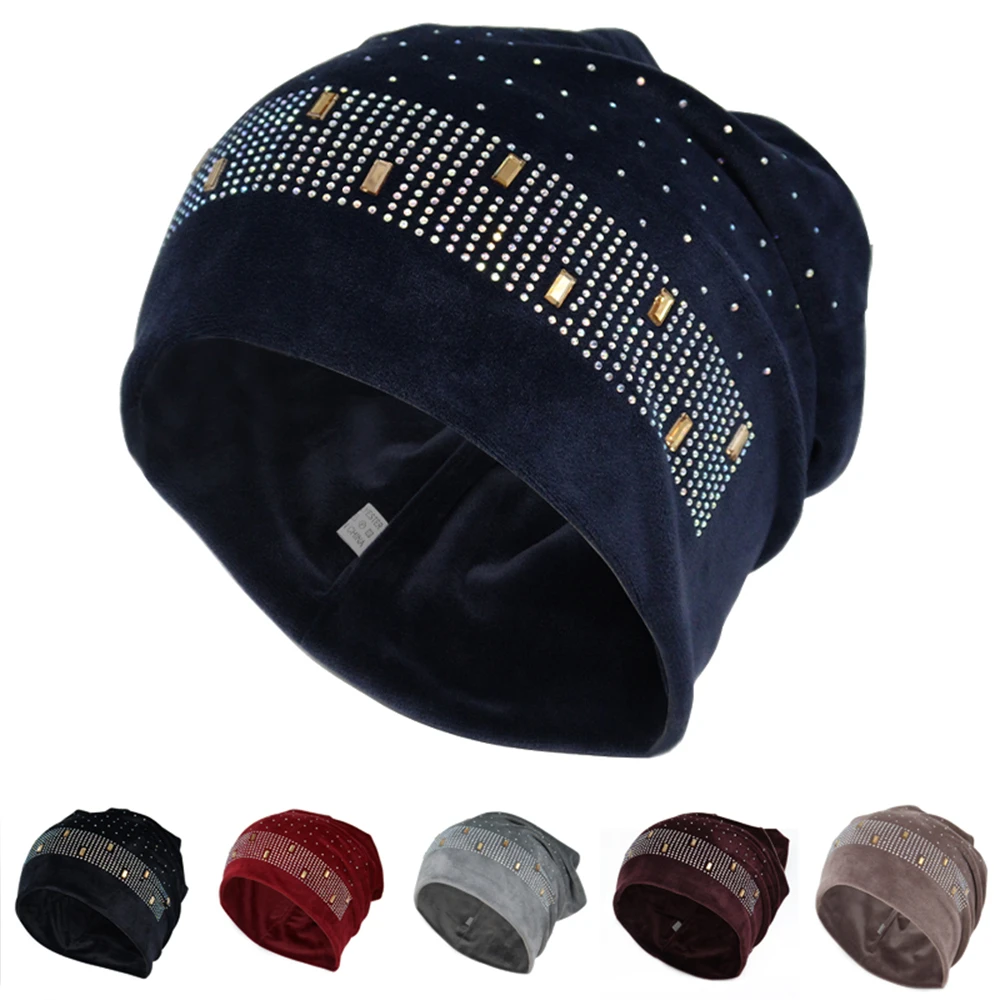 Women's Velvet Beanie Winter Soft Warm Slouchy Beanies Fashion Double layer Rhinstones Skullies Beanies Ladies Hat with Applique