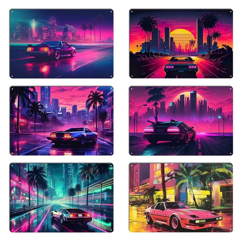 Shoreline Drifter Car Driving Towards Synthwave Sun Through 80s Miami Metal Plaque Printing Customize Tin Sign Poster