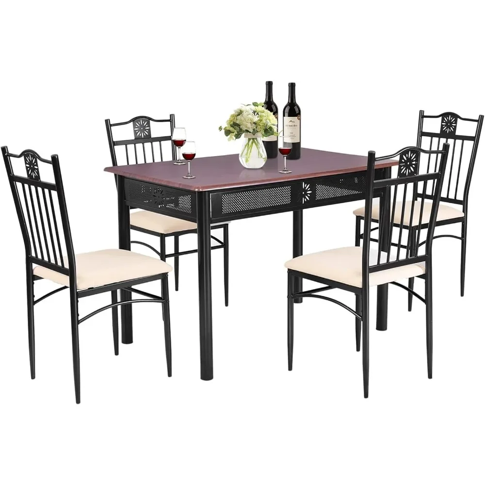 

5 Pieces Dining Table Set, Modern Kitchen Table Set for 4 Person, 42” Rectangular Table w/ 4 Upholstered Chairs, (Brown)