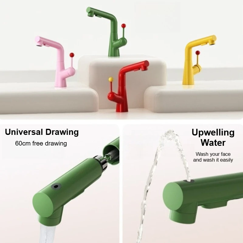 Pull out the bathroom basin faucet and rotate the single-pole hot and cold pink crane brass sink mixer chrome gray sink faucet.