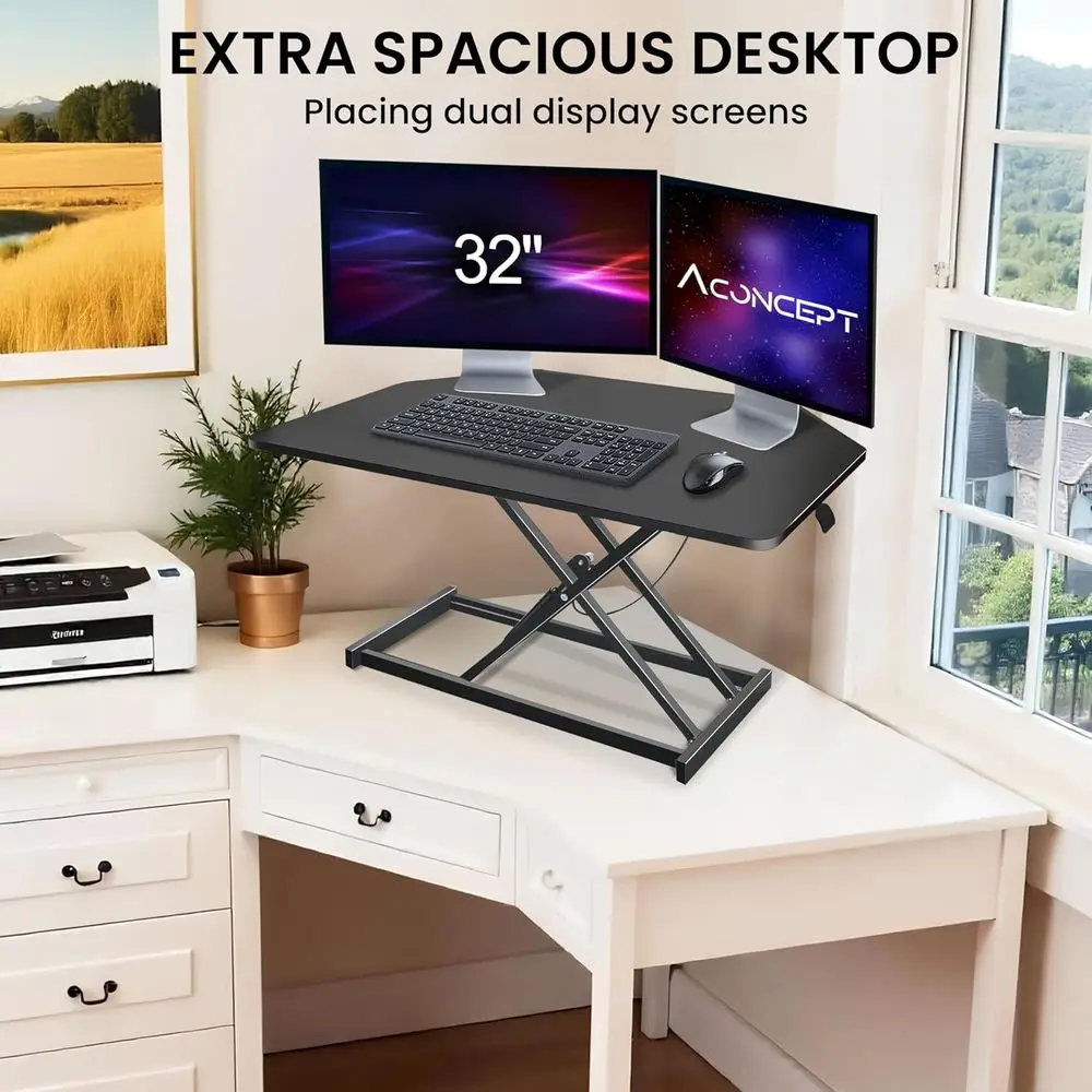 32 inch Black Corner Height Adjustable Standing Desk Converter, One-Click Sit to Stand up Desk Riser, Pre-Assembled for Dual Mon