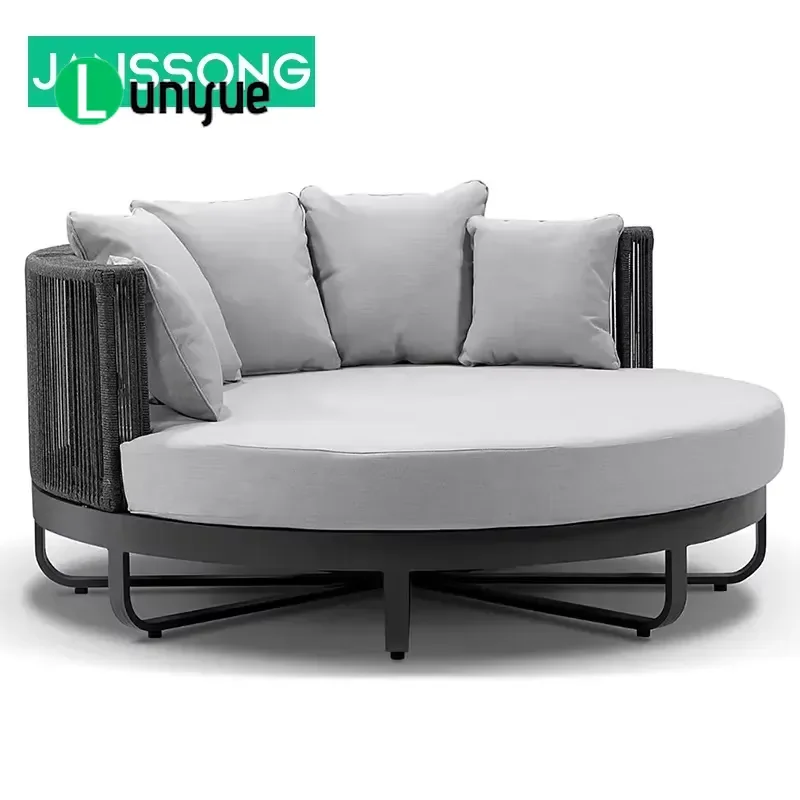 Outdoor Round Sunbed Aluminum Frame Black Rope Hand Woven Quick Drying Lounge Chair for Hotel Beach Patio Furniture Set