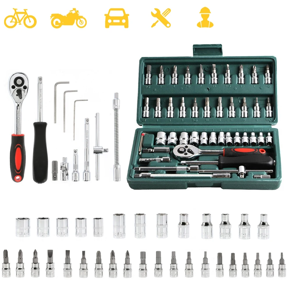 

46pc Drive Socket Set 1/4 inch Ratchet Wrench Set with Sockets Metric Hex Bit Mechanic Tool Kits for Auto Repair Tool with Case
