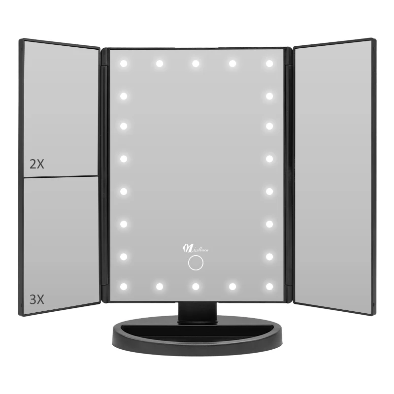 Missmeeca Foldable Makeup Mirror With LED Light 3 Folding 1X 2X 3X Desktop Vanity Mirror Dimmable Rotatable LED Mirrors