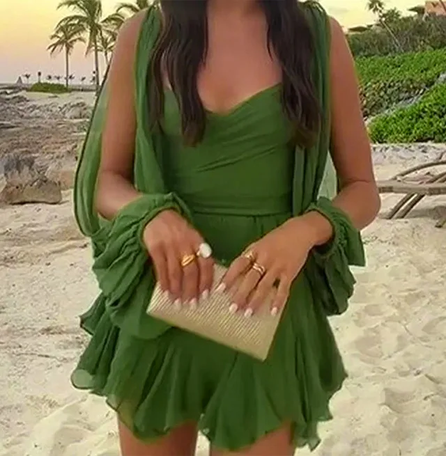 

Women's Solid Color Dress Sexy Spicy Girl Hollow Lantern Sleeve V-neck Off Shoulder Backless Dress Irregular Mini Skirt