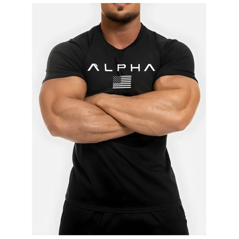 Lente en zomer Pure kleurenprint Sport Fitness T-shirt met korte mouwen Heren O-hals Stretch Training Oefening T-shirt top - afbeelding 2