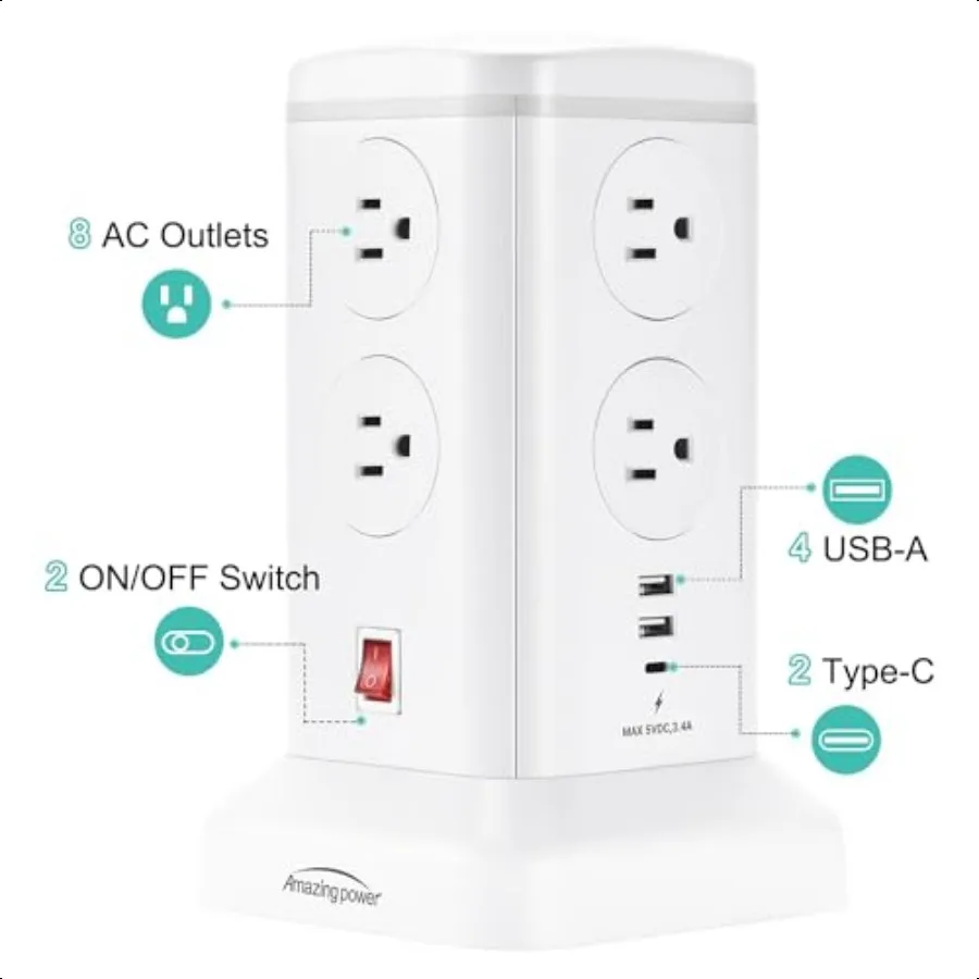 Protector contra sobretensiones de 6,5 pies, torre de regleta, 8 salidas de CA, 6 puertos USB, estación de carga multidispositivo con protección contra sobrecarga para el hogar