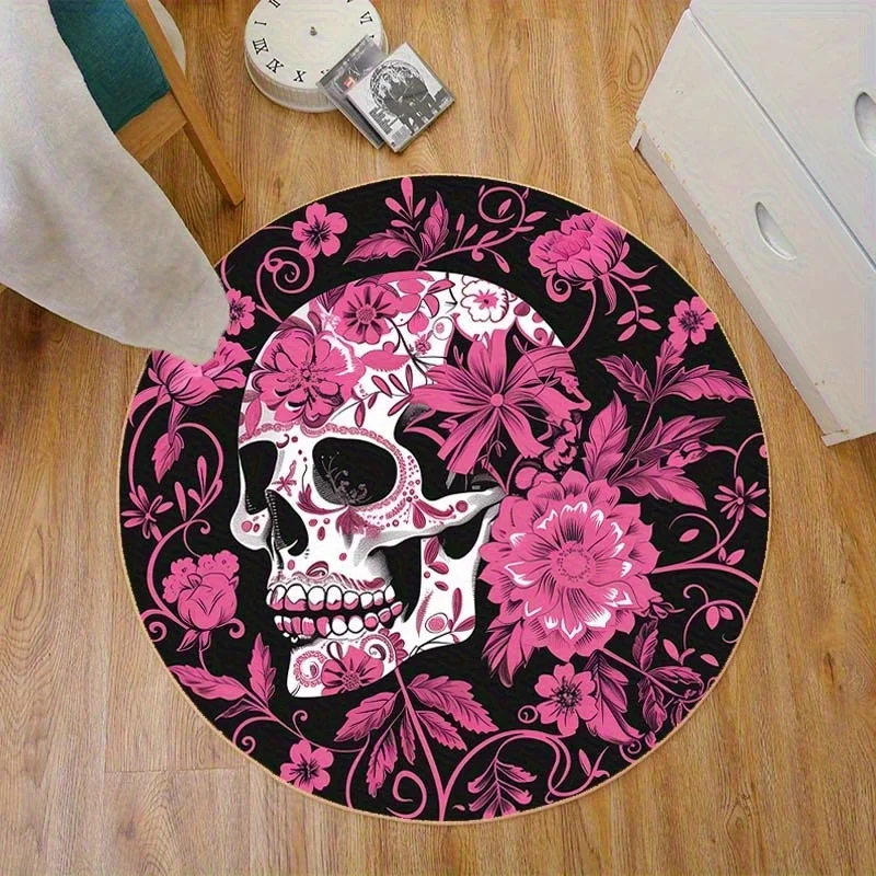 

Crystal velvet carpetLarge Diameter Bohemian Skull & Floral Area Mat - Round Non-Slip Floor Mat with Rubber Backing, Gothic Flor