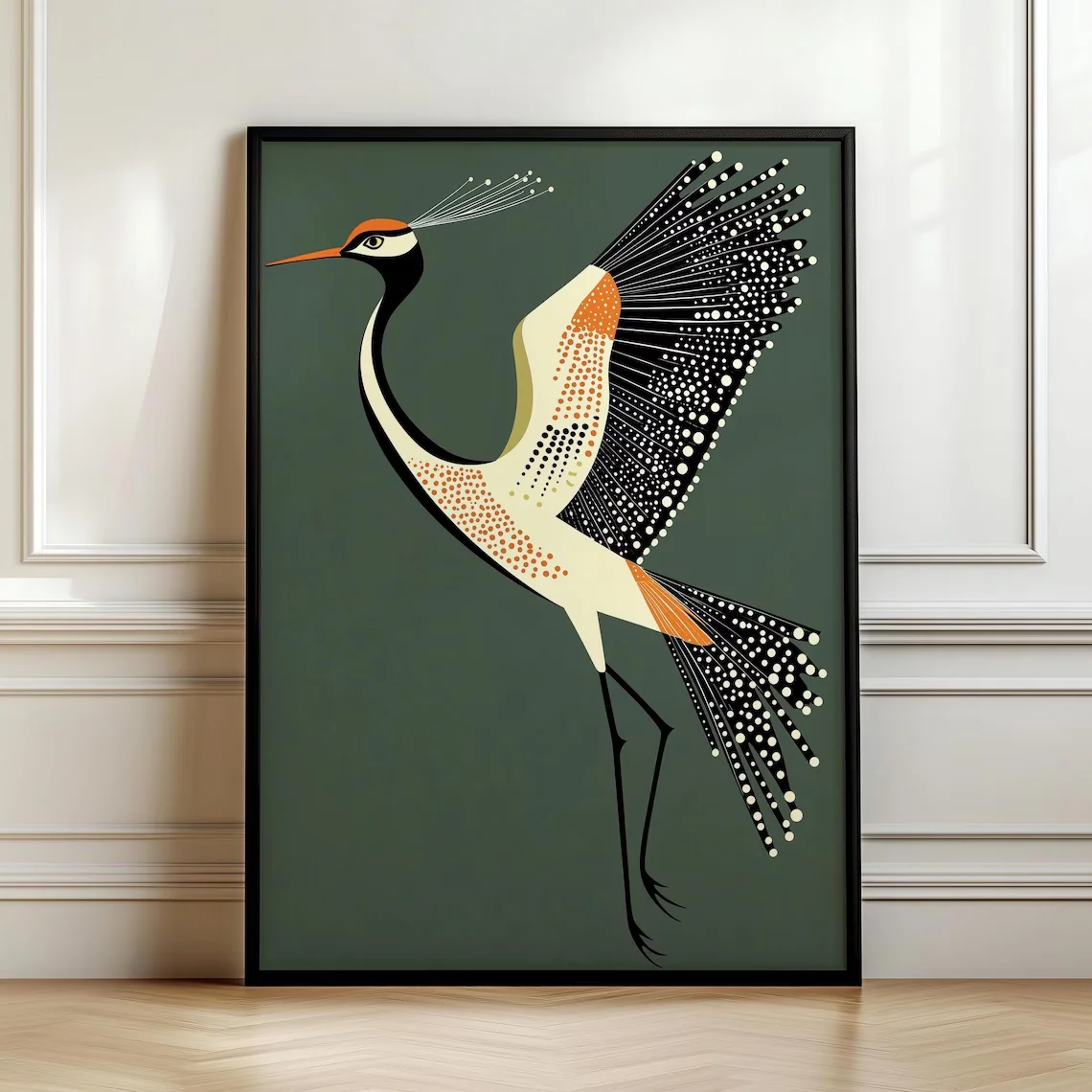 Fancy Flying Crane, Art Deco Wall Art, Retro Mid Century Modern House Decor, Bird Lover Decor, Vintage Japandi Wall Art, Digital