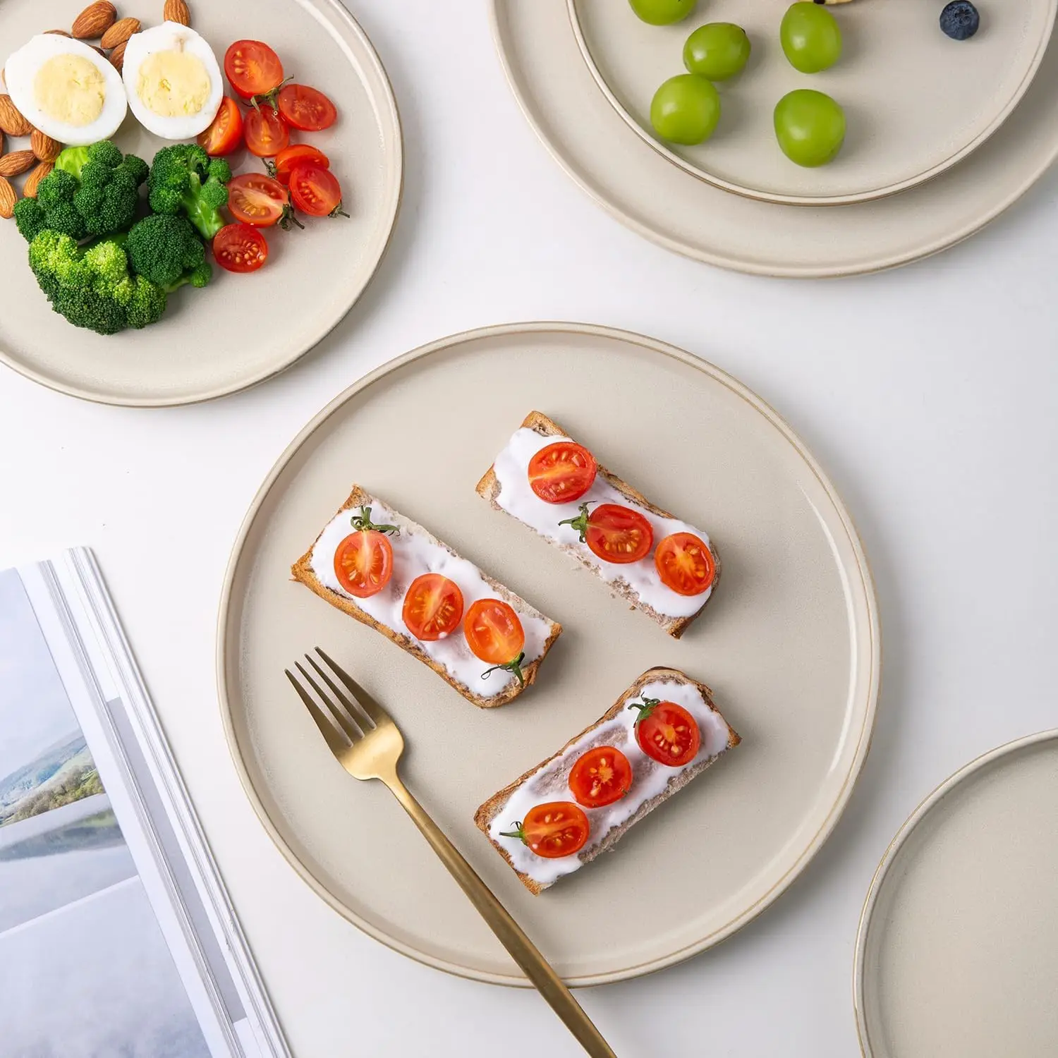 Juegos de vajilla de gres, juego de platos y cuencos redondos de esmalte reactivo, altamente resistentes a las astillas y las grietas |   Lavavajillas y Microondas Saf