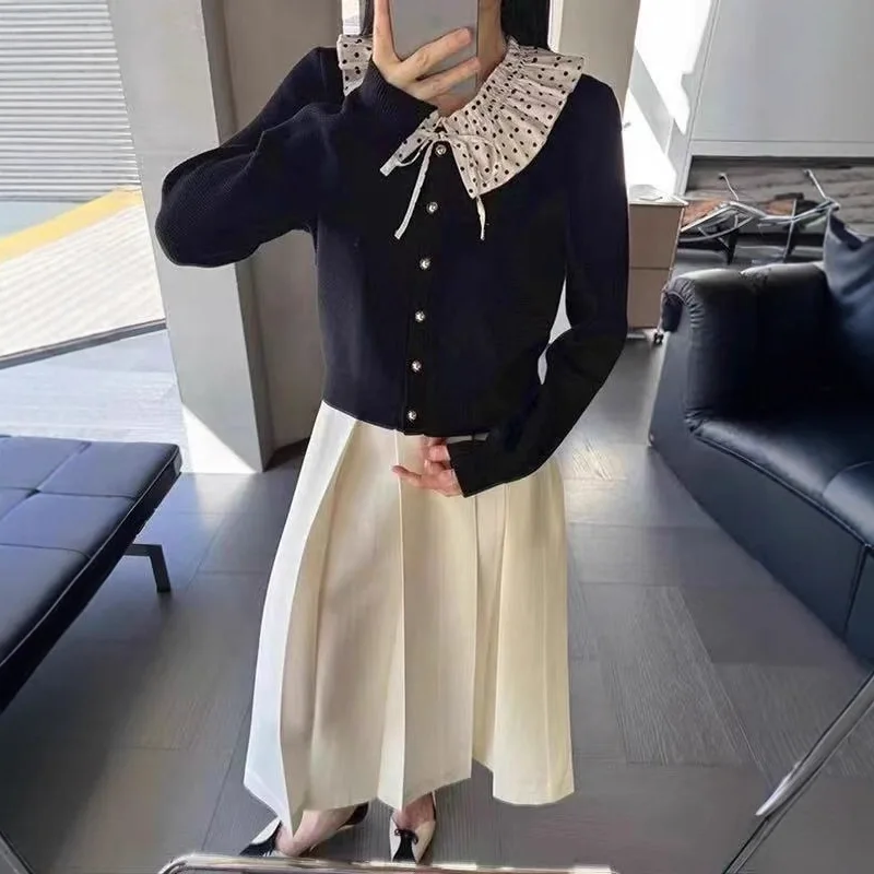 

Spring 2025 Commuter Sle Polka Dot Ruffle Collar Knit Sweater Detachable Polyester Fiber Women's Open Cardigan Faionable