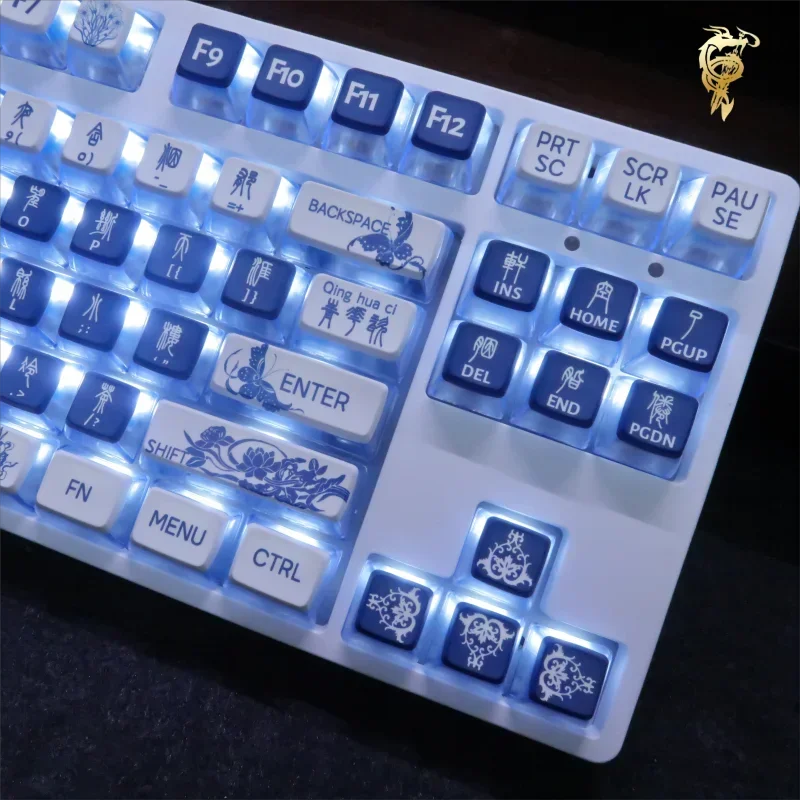 

Сине-белые фарфоровые четырехсторонние светопропускающие колпачки для клавиш из ПБТ с термосублимацией ASA, высокоперсонализированная механическая клавиатура