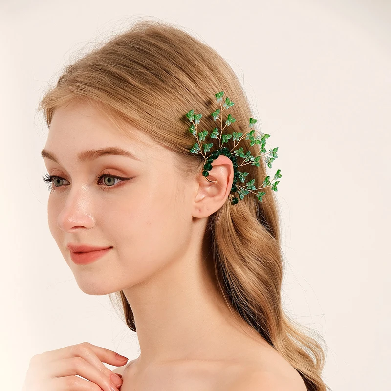 Gold Color Metal Leaf Ear Cuff no Piercing Dangle Earring Butterfly Ear Clips Women Handmade Crystal Bridal Ear Clip Jewelry