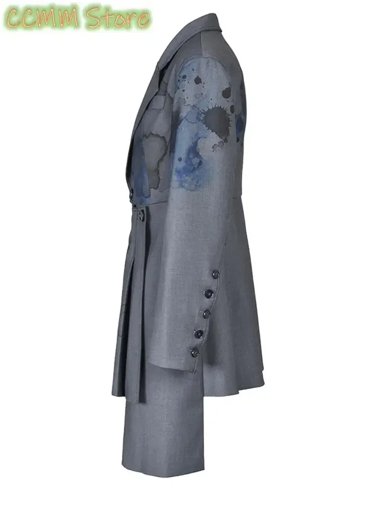 Women Gray Printed Irregular Pleated Blazer New Lapel Long Sleeve Loose Fit Jacket Fashion Tide Spring Autumn