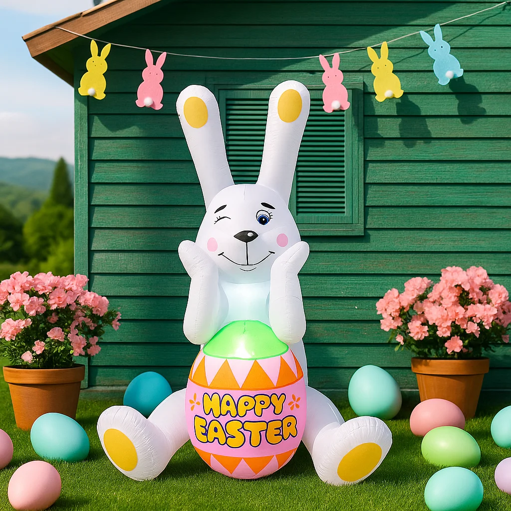 1.5M/5FT Happy Easter Opblaasbaar Speelgoed Knuffel Gezicht Konijn met Ei Outdoor Yard Tuin Infatable Model Ornamenten Huizen decor Gift
