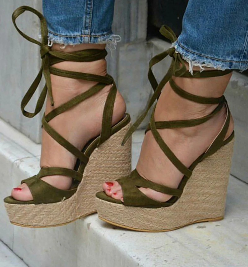

Modern Braid Platform Wedge Sandals Suede Cloth Ankle Wrap Peep Toe Lace Up Weave Heels Wedged Shoes Black Green