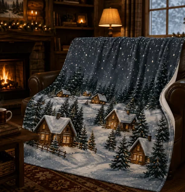 Blanket Snowy Night Cabin Christmas Blanket with Dark Gray-Blue Background Warm Brown Cabin, Deep Green Pine Forest, Creamy Snow
