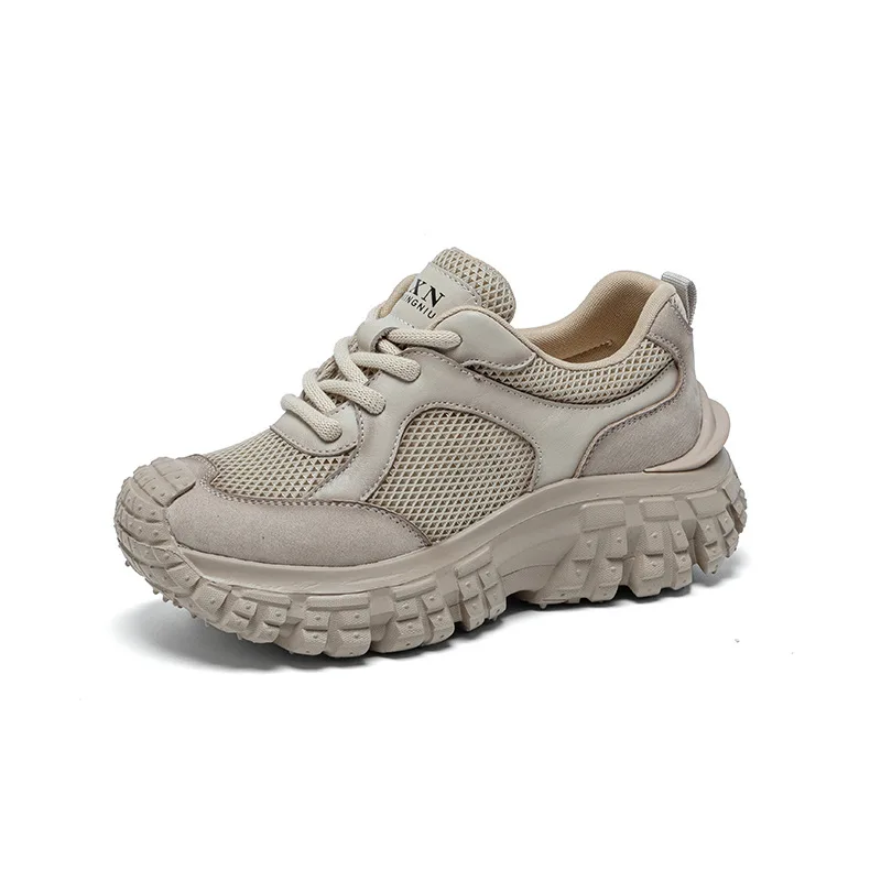 Women Mesh Breathable Casual Shoes 2026 Summer Lace-Up Thick Sole Platform Height Increasing Genuine Leather Dad Shoes