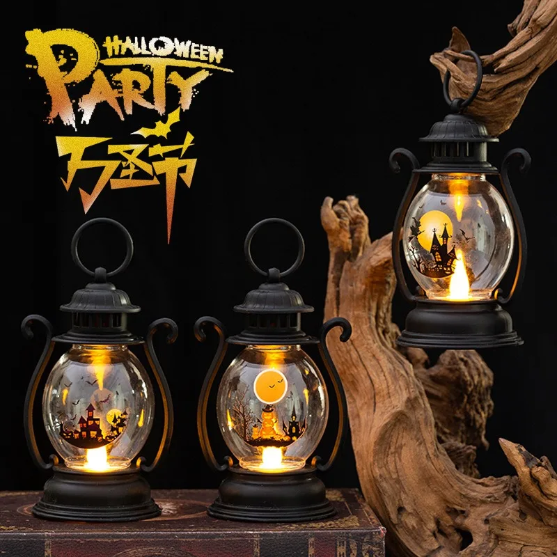 Halloween Mini Retro Lantern LED Flameless Candle Light 3 Castle Pattern Portable Hanging Lamp Battery Operated Vintage