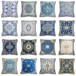 Retro Persian Floral Patterns Print Cushions Case Blue Ethnic Geometry Decorative Pillows Case Luxury Plush Vintage Sofa Chair