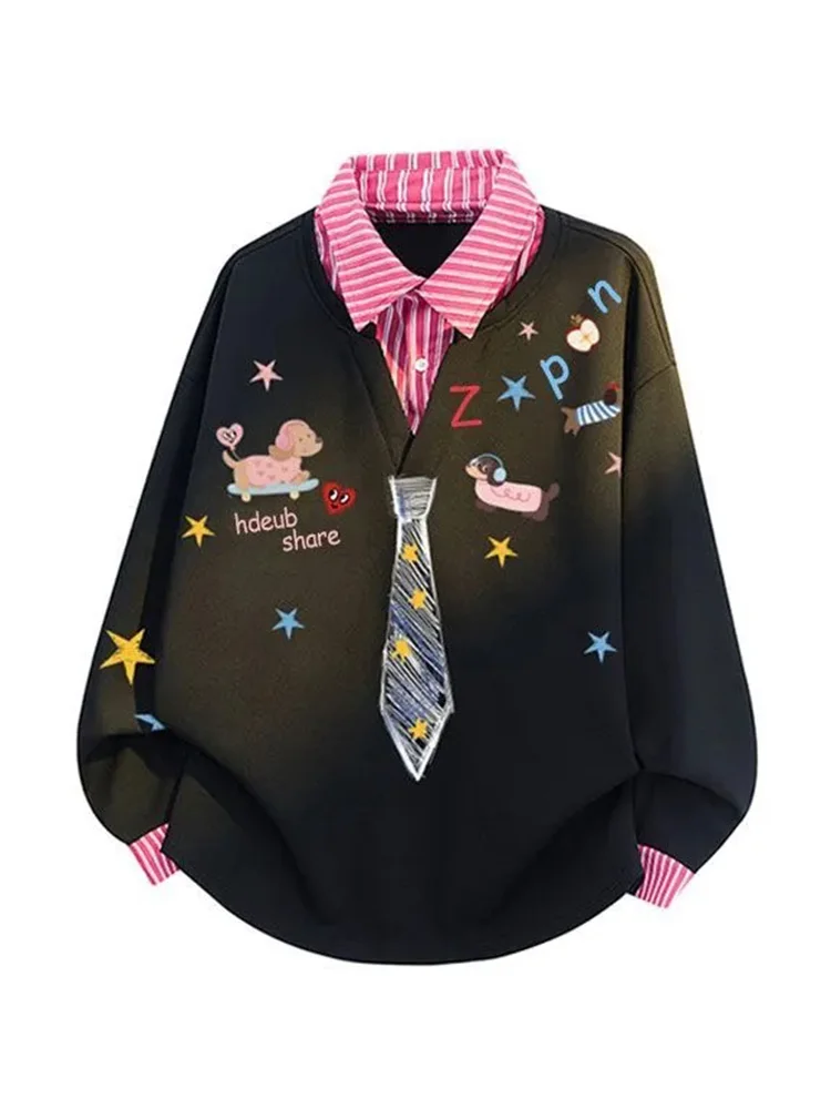 Sudadera de dibujos animados Kawaii de Japón para mujer, jersey falso de dos suelto y dulce con estampado de estilo pijo, Tops bonitos de retazos de manga larga Vintage